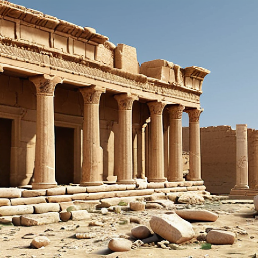 **Prompt:** Ancient Palmyra, majestic ruins, Roman columns, desert landscape, hints of damage, hopeful restoration.
