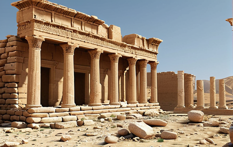 **Prompt:** Ancient Palmyra, majestic ruins, Roman columns, desert landscape, hints of damage, hopeful restoration.