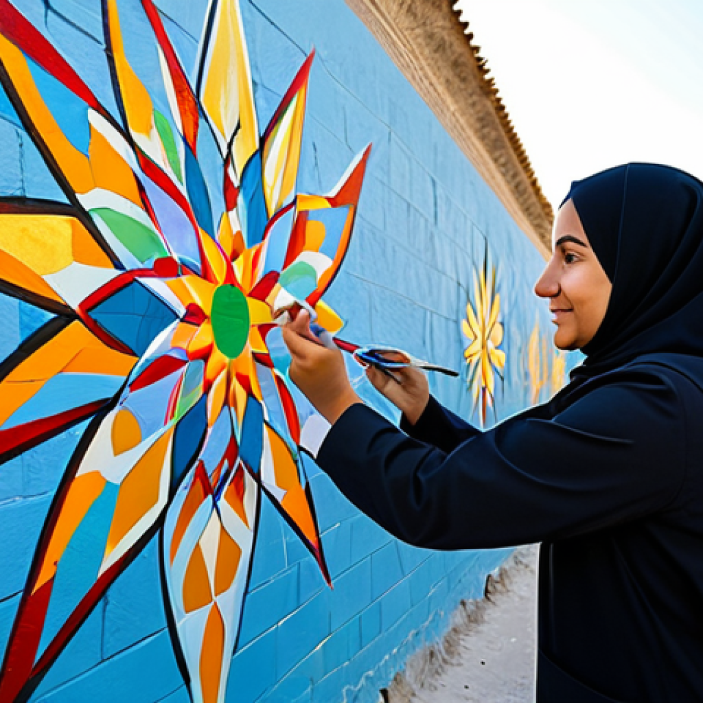 A Syrian artist, a woman in her late 30s, in modest, flowing professional attire, meticulously painting a vibrant mural on a clean, restored community wall. The mural depicts abstract symbols of hope, resilience, and cultural heritage, set within a sunlit community center. Her well-formed hands gracefully hold a paintbrush, showcasing perfect anatomy and correct proportions in a natural pose. The environment is bright and inspiring, reflecting peaceful reconstruction and the power of art. This is a professional image, appropriate content, safe for work, fully clothed, and family-friendly. High-quality photography, intricate details, realistic rendering, cinematic lighting.