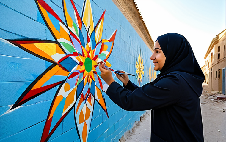 A Syrian artist, a woman in her late 30s, in modest, flowing professional attire, meticulously painting a vibrant mural on a clean, restored community wall. The mural depicts abstract symbols of hope, resilience, and cultural heritage, set within a sunlit community center. Her well-formed hands gracefully hold a paintbrush, showcasing perfect anatomy and correct proportions in a natural pose. The environment is bright and inspiring, reflecting peaceful reconstruction and the power of art. This is a professional image, appropriate content, safe for work, fully clothed, and family-friendly. High-quality photography, intricate details, realistic rendering, cinematic lighting.