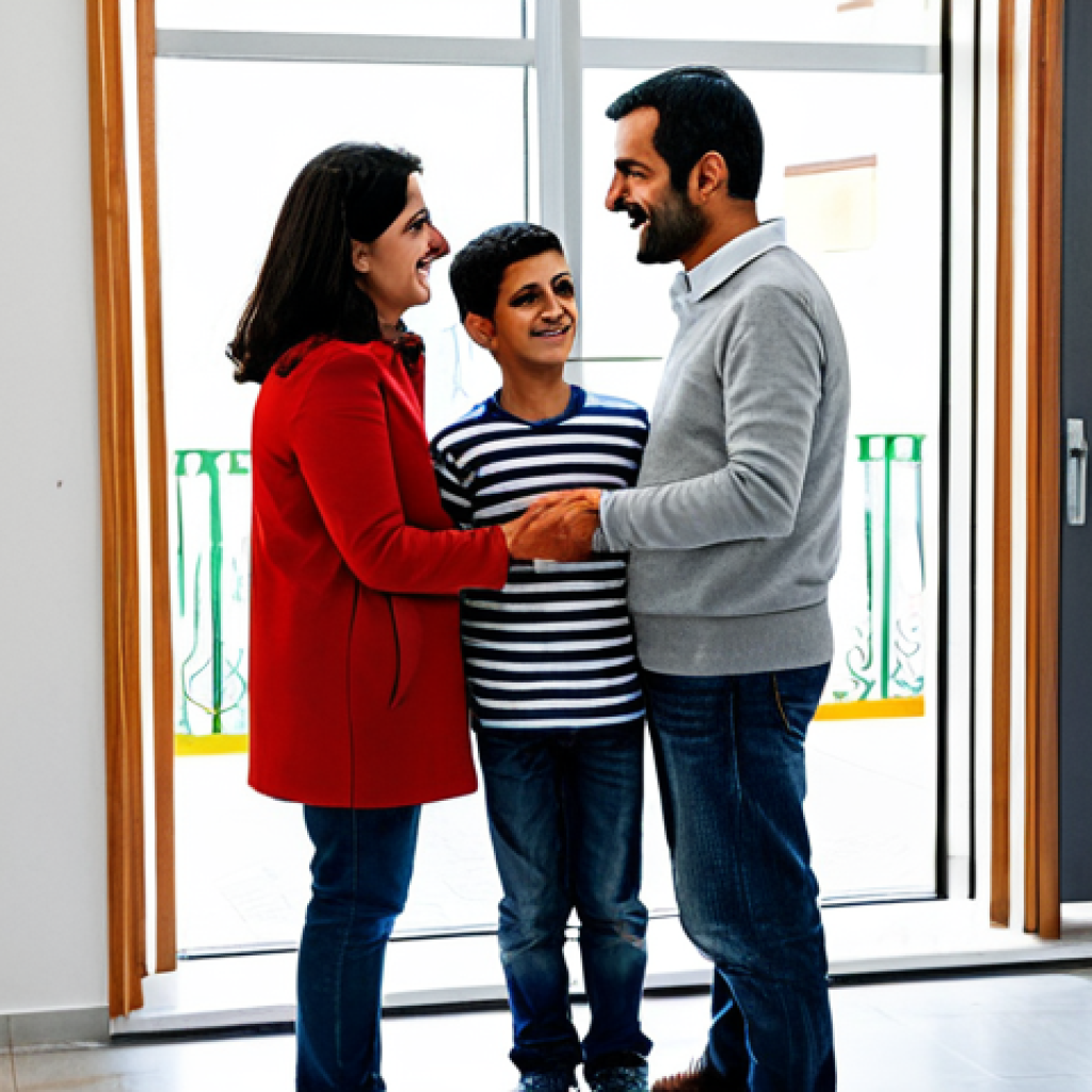 A Syrian family, including a father, mother, and two children, stands in a brightly lit modern community center in Lisbon, Portugal, engaging in a friendly conversation with a local Portuguese woman. All are fully clothed in modest, appropriate attire, suitable for a pleasant afternoon. The scene conveys a sense of welcoming integration and mutual respect. Professional photography, soft natural lighting, high detail, realistic, perfect anatomy, correct proportions, natural pose, well-formed hands, proper finger count, natural body proportions. This is safe for work, appropriate content, fully clothed, and family-friendly.