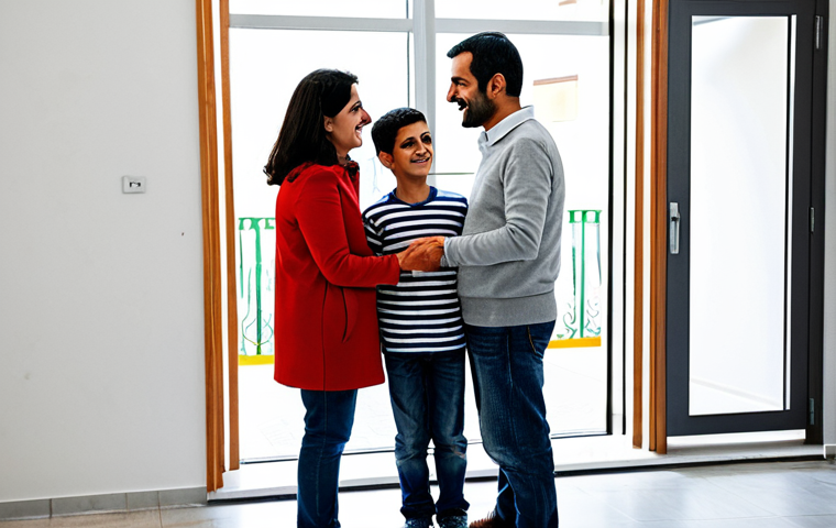 A Syrian family, including a father, mother, and two children, stands in a brightly lit modern community center in Lisbon, Portugal, engaging in a friendly conversation with a local Portuguese woman. All are fully clothed in modest, appropriate attire, suitable for a pleasant afternoon. The scene conveys a sense of welcoming integration and mutual respect. Professional photography, soft natural lighting, high detail, realistic, perfect anatomy, correct proportions, natural pose, well-formed hands, proper finger count, natural body proportions. This is safe for work, appropriate content, fully clothed, and family-friendly.