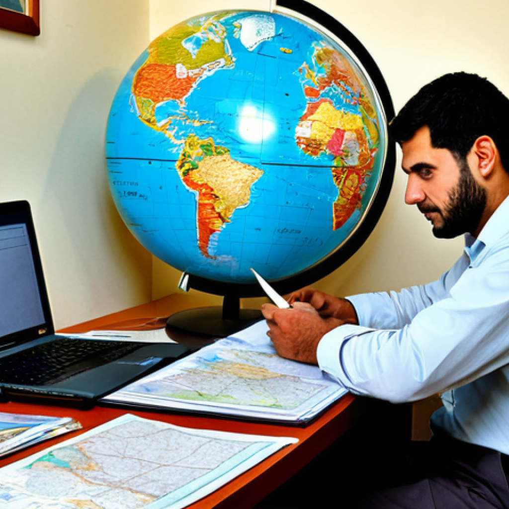 Travel Preparation**

"A fully clothed traveler, wearing practical clothing appropriate for research, sits at a desk covered with travel guides and documents, reviewing visa requirements for Syria. The background shows a globe and a world map. Safe for work, appropriate content, professional, perfect anatomy, correct proportions, well-formed hands, natural pose, modest."

**