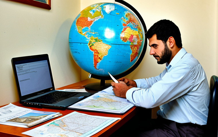 Travel Preparation**

"A fully clothed traveler, wearing practical clothing appropriate for research, sits at a desk covered with travel guides and documents, reviewing visa requirements for Syria. The background shows a globe and a world map. Safe for work, appropriate content, professional, perfect anatomy, correct proportions, well-formed hands, natural pose, modest."

**