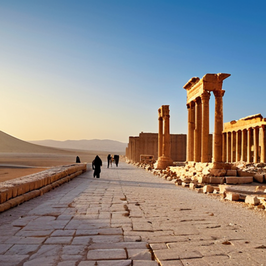 시리아의 유명 관광지 - Palmira - Ancient City**
"A sweeping vista of the ruins of Palmyra at sunrise, showcasing the colon...