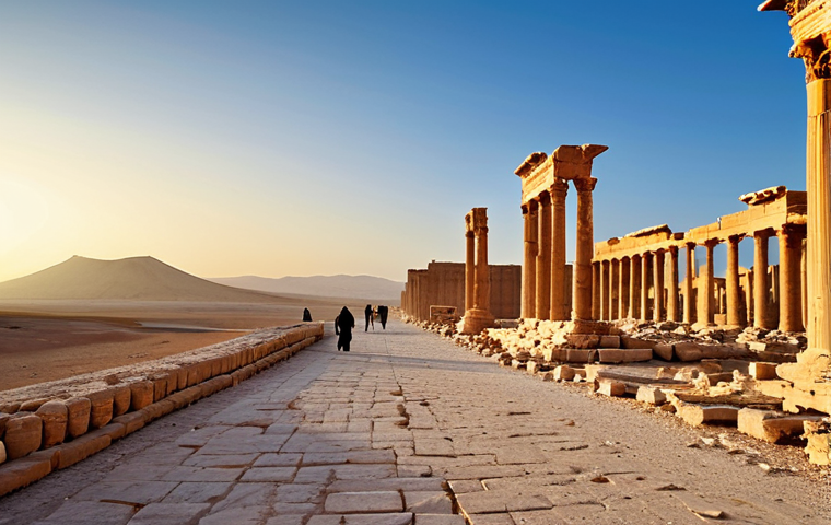 시리아의 유명 관광지 - Palmira - Ancient City**

"A sweeping vista of the ruins of Palmyra at sunrise, showcasing the colon...