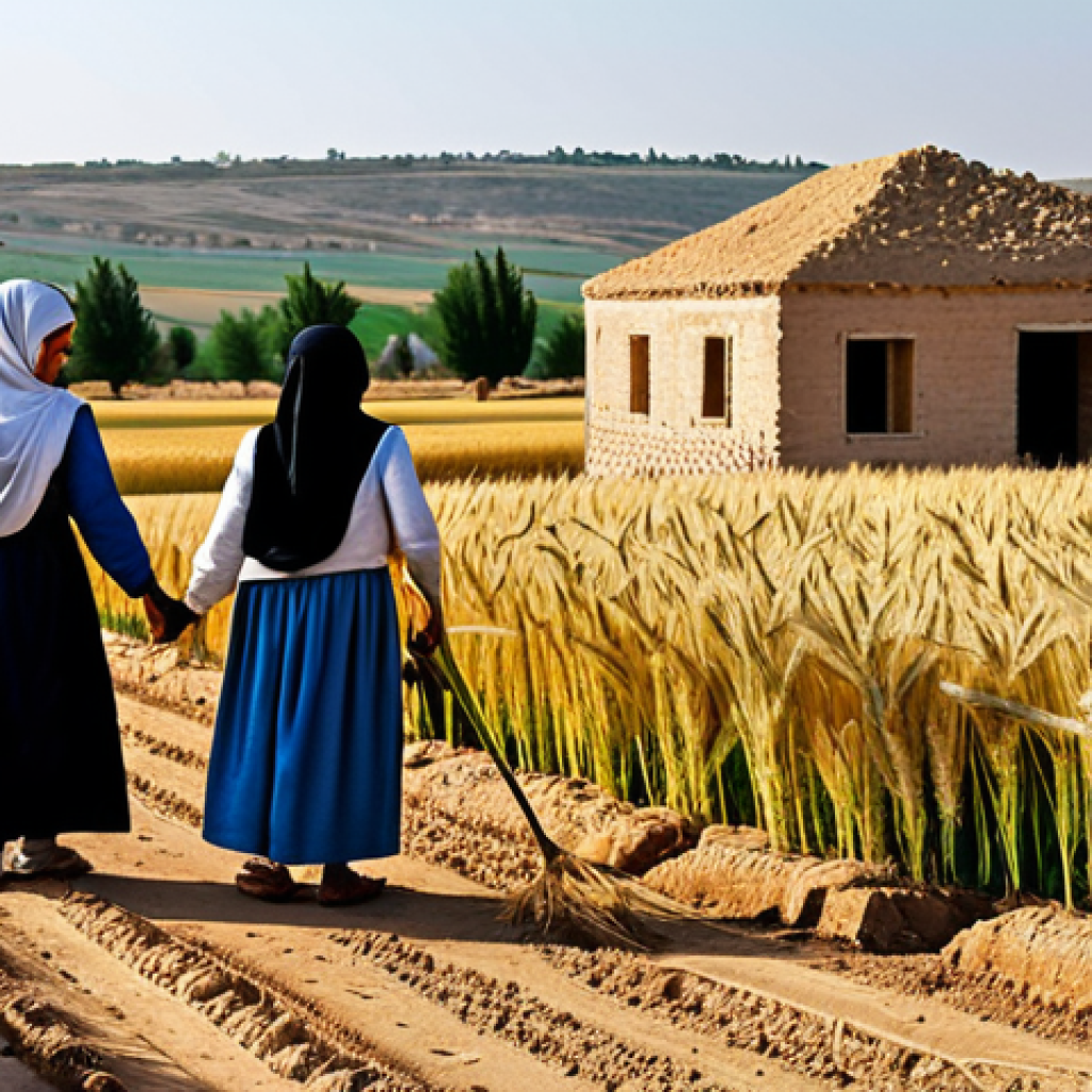 시리아와 페르시아의 고대 역사 - Early Syrian Village**
"A fully clothed family in modest clothing working in a wheat field near a s...