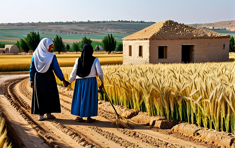 시리아와 페르시아의 고대 역사 - Early Syrian Village**

"A fully clothed family in modest clothing working in a wheat field near a s...