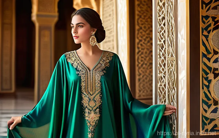 시리아 전통 의상  카프탄 - **Prompt 1: "The Regal Syrian Kaftan of Ancient Eras"**
    "A stunning, elegant woman, in her late ...