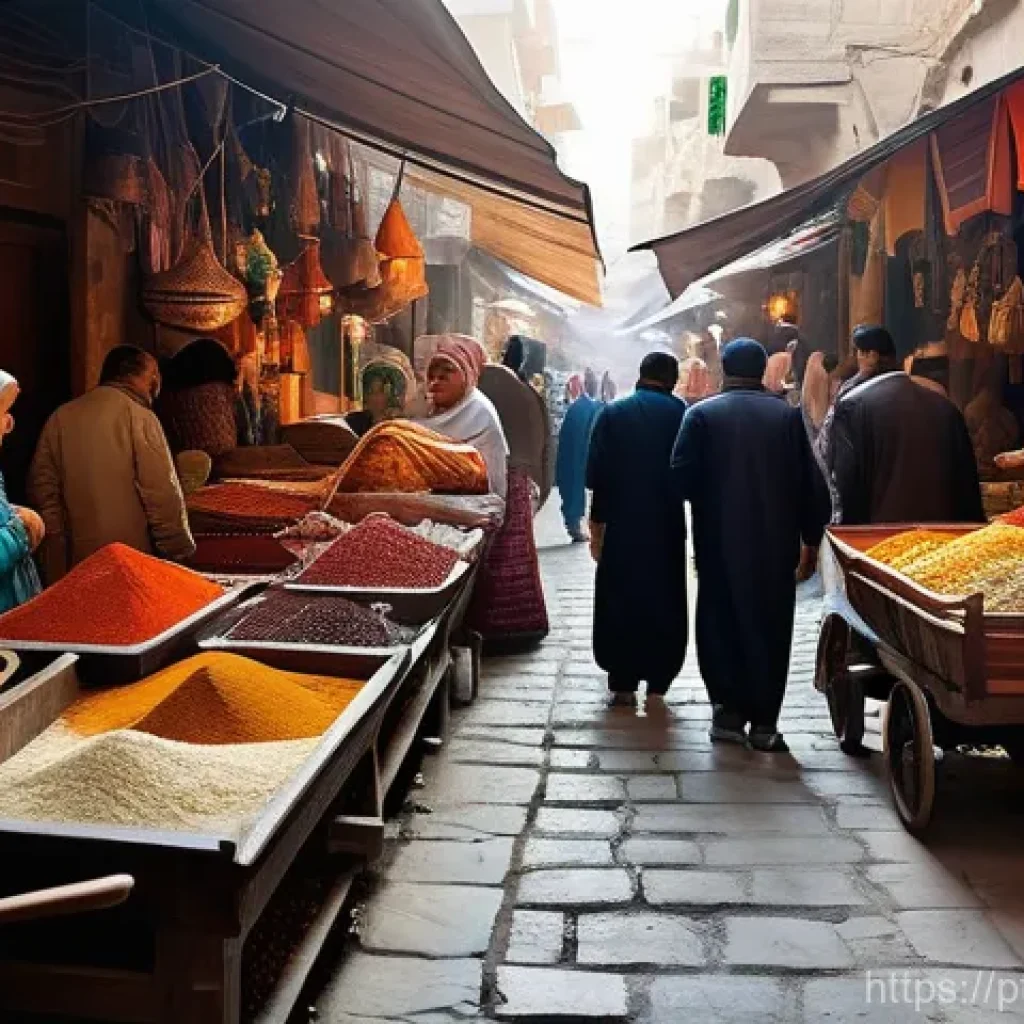 시리아 소설과 문학적 배경 - **"A vibrant and bustling scene in a traditional Syrian souk (market). Sunlight streams through arch...