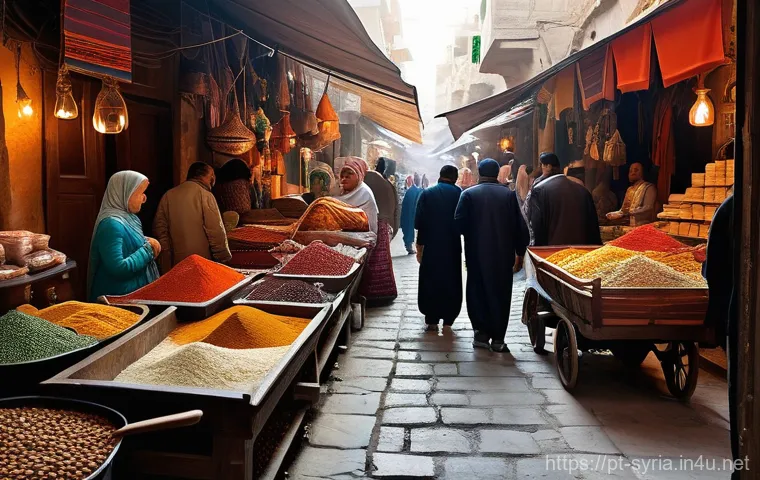 시리아 소설과 문학적 배경 - **"A vibrant and bustling scene in a traditional Syrian souk (market). Sunlight streams through arch...