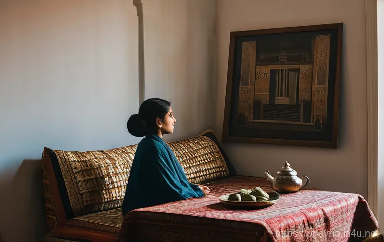 시리아 소설과 문학적 배경 - **"A thoughtful Syrian woman, mid-30s, dressed in elegant yet modest contemporary clothing, is seate...