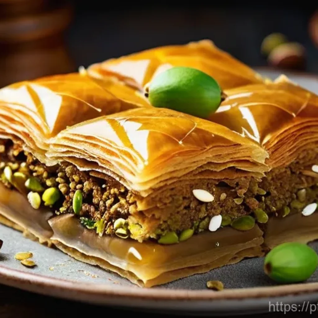 시리아의 전통 디저트 바클라바 - **Prompt for a close-up of a classic Baklava:**
"A stunning, highly detailed close-up shot of tr...