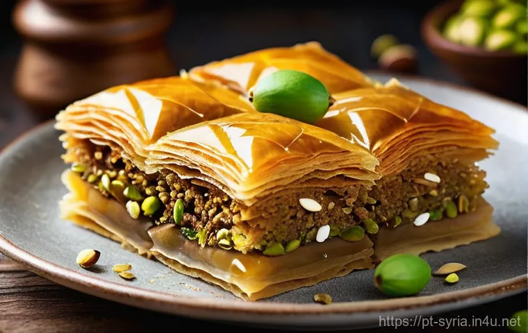 시리아의 전통 디저트 바클라바 - **Prompt for a close-up of a classic Baklava:**
"A stunning, highly detailed close-up shot of tr...