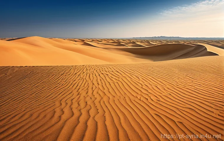 시리아의 사막 투어 - **"Echoes of Ancient Civilizations in the Syrian Dunes"**
A wide, panoramic shot of a vast, gold...