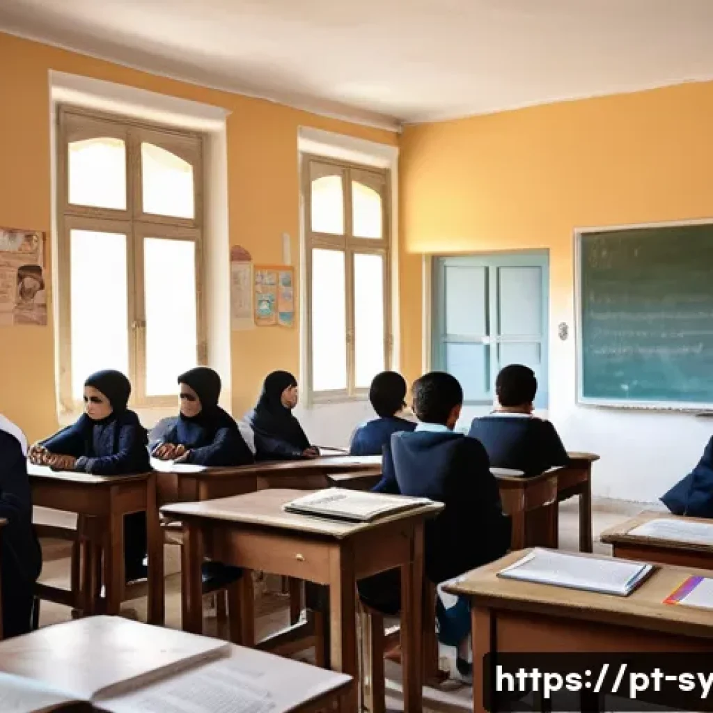 시리아의 교육 체계 - A detailed scene of a Syrian urban classroom in a post-conflict setting, showing diverse students ag...