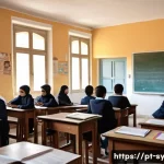 Home 22 시리아의 교육 체계 - A detailed scene of a Syrian urban classroom in a post-conflict setting, showing diverse students ag...