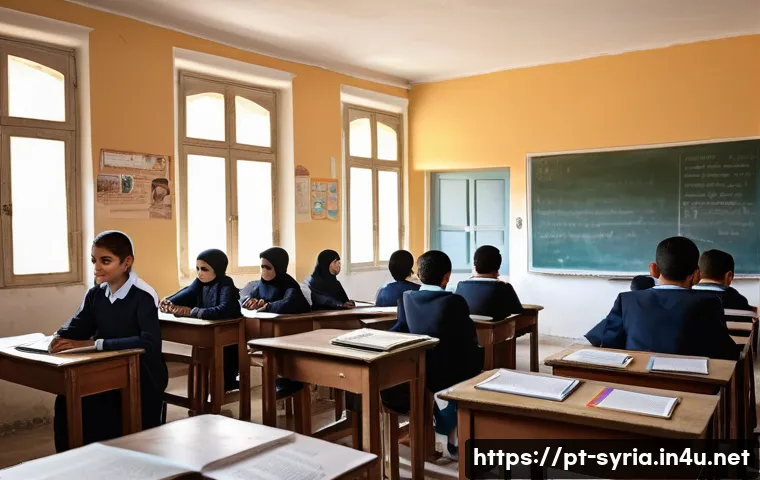 시리아의 교육 체계 - A detailed scene of a Syrian urban classroom in a post-conflict setting, showing diverse students ag...
