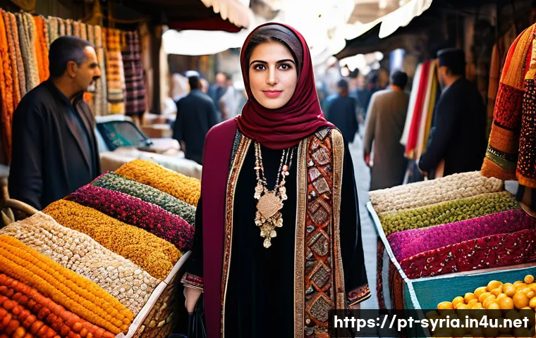 시리아 여성들의 패션 트렌드 - A dignified Syrian woman standing in a bustling Damascus street market, wearing a richly embroidered...
