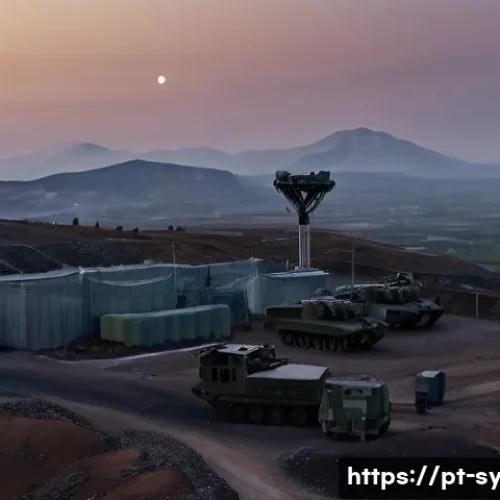 Home 32 시리아 터키 국경 이슈 - A detailed scene of a tense military border zone between Syria and Turkey during dusk, showing Turki...