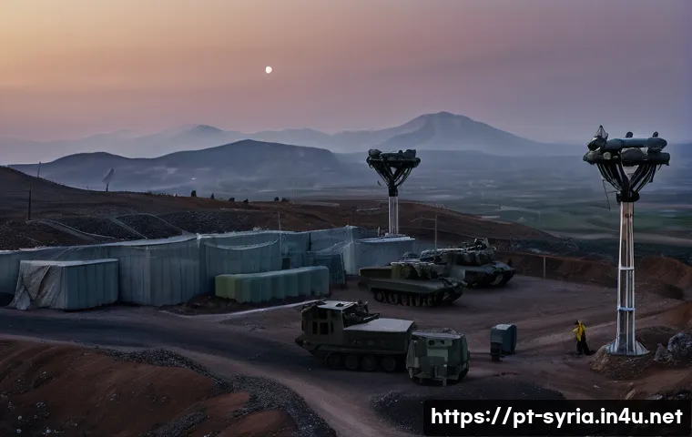 시리아 터키 국경 이슈 - A detailed scene of a tense military border zone between Syria and Turkey during dusk, showing Turki...