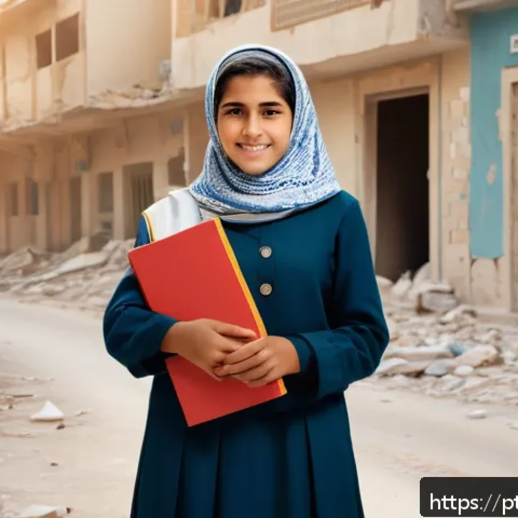 시리아 여성의 권리와 사회적 지위 - A resilient Syrian woman in modest clothing and a headscarf, standing confidently in a war-torn urba...