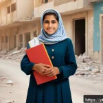 Home 19 시리아 여성의 권리와 사회적 지위 - A resilient Syrian woman in modest clothing and a headscarf, standing confidently in a war-torn urba...