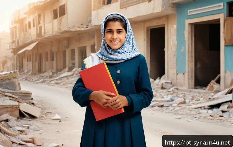 시리아 여성의 권리와 사회적 지위 - A resilient Syrian woman in modest clothing and a headscarf, standing confidently in a war-torn urba...