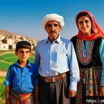 Home 18 시리아 내 민족 갈등 사례 - A detailed portrait of a Syrian Kurdish family in traditional clothing, set in a rural northern Syri...