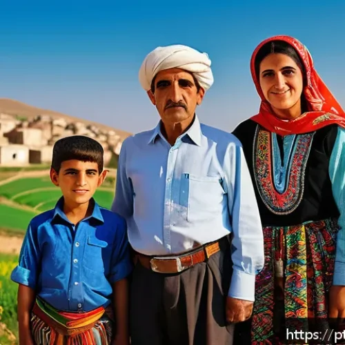 Home 30 시리아 내 민족 갈등 사례 - A detailed portrait of a Syrian Kurdish family in traditional clothing, set in a rural northern Syri...
