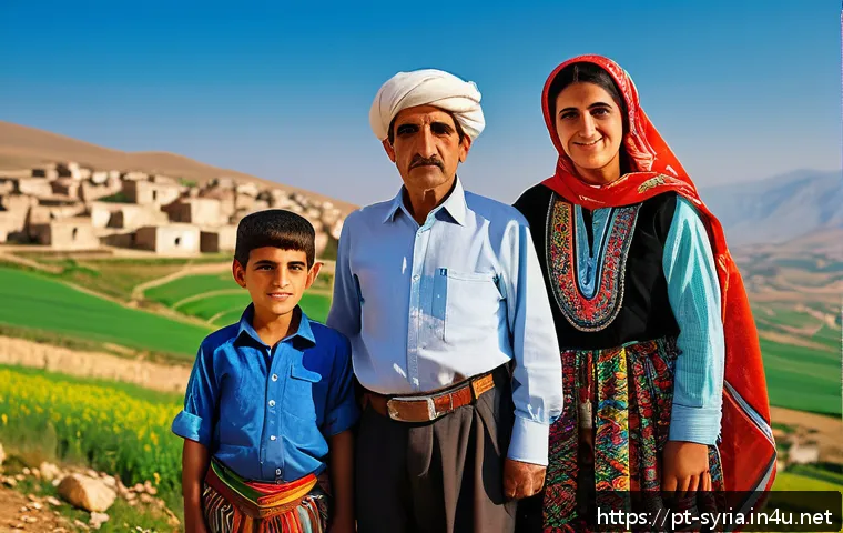 시리아 내 민족 갈등 사례 - A detailed portrait of a Syrian Kurdish family in traditional clothing, set in a rural northern Syri...