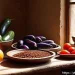 Home 23 시리아에서 가장 인기 있는 요리 - A vibrant Syrian kitchen scene featuring a rustic wooden table laden with fresh ingredients: deep pu...