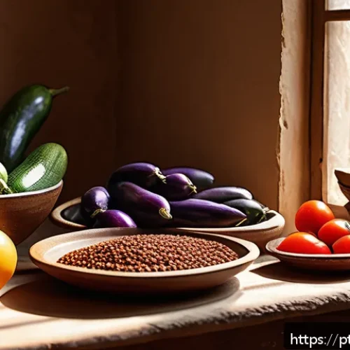 Home 17 시리아에서 가장 인기 있는 요리 - A vibrant Syrian kitchen scene featuring a rustic wooden table laden with fresh ingredients: deep pu...
