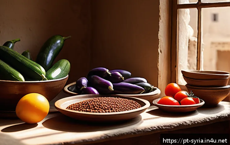 시리아에서 가장 인기 있는 요리 - A vibrant Syrian kitchen scene featuring a rustic wooden table laden with fresh ingredients: deep pu...