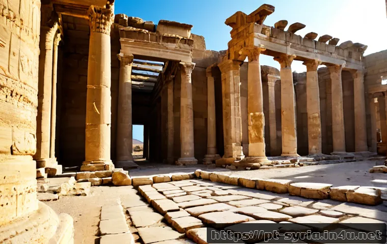 유네스코 등재 시리아 유적지 - Photorealistic wide-angle view of the ancient Roman ruins of Palmyra, Syria, grand sandstone colonna...