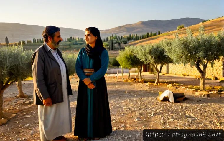 시리아 쿠르드족과 그 역사 - Photorealistic documentary scene of a Kurdish family in northeastern Syria standing beside an olive ...